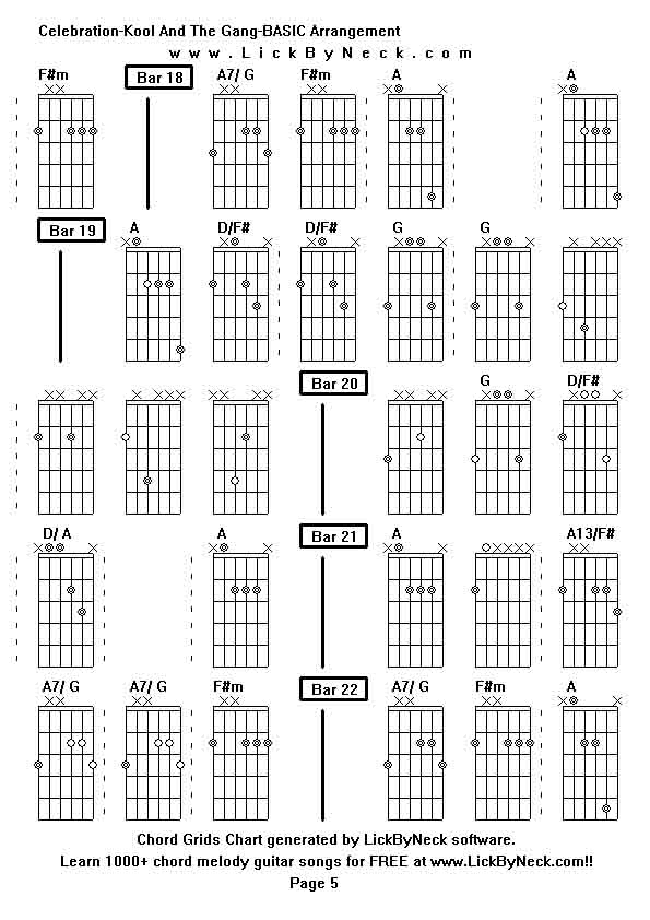 Chord Grids Chart of chord melody fingerstyle guitar song-Celebration-Kool And The Gang-BASIC Arrangement,generated by LickByNeck software.